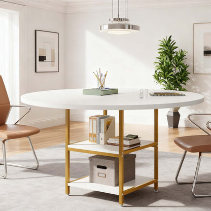 Ronde Vergadertafel – Conferentietafel – Meetingtafel – Bureaustafel – Kantoor­tafel – Wit & Goud Design – 47 Inch Rond – 2-Lagen Opbergrekken – Verstelbare Voetjes