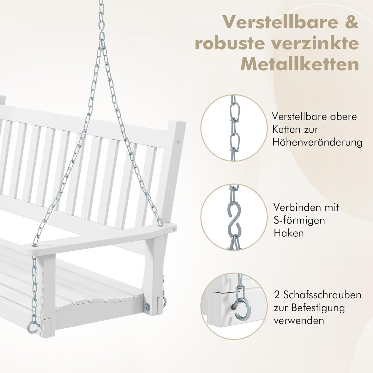 Schommelbank – Hangbank – Tuinbank – Tuinschommel – Hollywoodschommel – 3-Zits – Massief Populierenhout – Max 360 kg Draagkracht – Wit – 168x65x63 cm