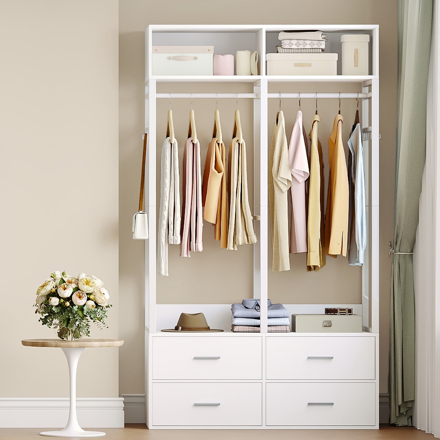 Open Kledingkast – Open Garderobekast – Kledingrek – Dressoir – Opbergkast – Wit – Met 4 Houten Lades – Stevig Metaal & MDF – Moderne Strakke Vormgeving – 100x43x185 cm – Vloerstaand