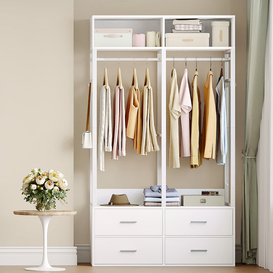 Open Kledingkast – Open Garderobekast – Kledingrek – Dressoir – Opbergkast – Wit – Met 4 Houten Lades – Stevig Metaal & MDF – Moderne Strakke Vormgeving – 100x43x185 cm – Vloerstaand