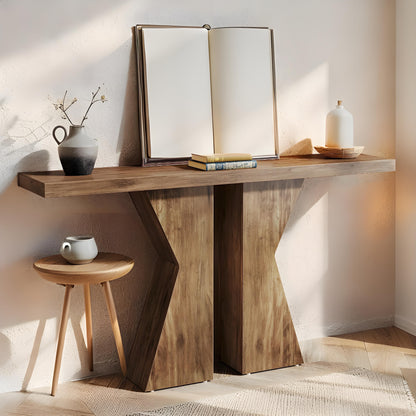 Console Tafel – Smalle Sidetable – Haltafel – Sofa Tafel – Sidetable Eikenlook – 140 cm Breed – 4 cm Dikke Houten Top – Robuuste K-vormige Onderstel