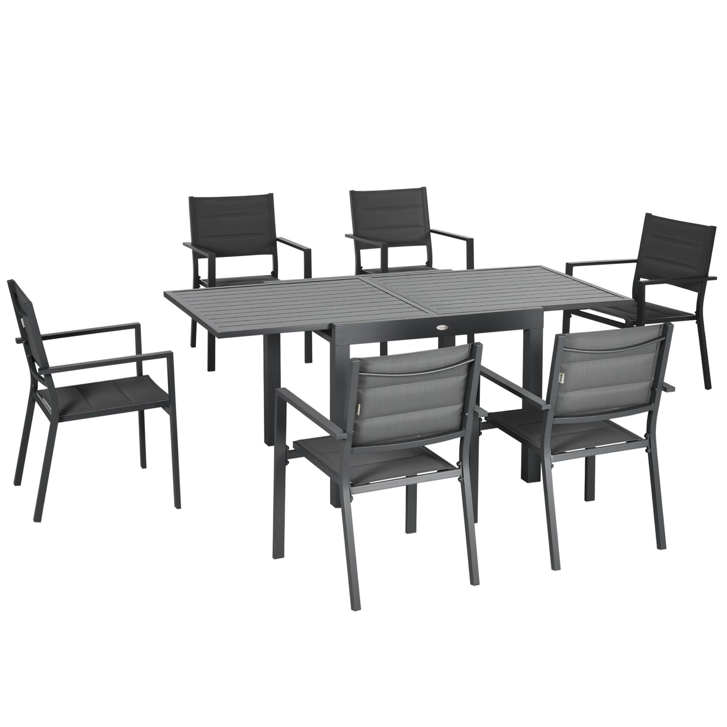 Tuinmeubelset – Tuinset – Balkonset – Terrasmeubels – Buitenmeubelen – Uitschuifbare Tafel 90-180 cm – 6 Stapelbare Stoelen – Aluminium & Textilene – Grijs