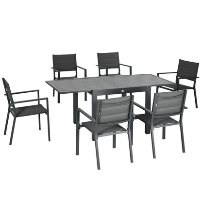 Tuinmeubelset – Tuinset – Balkonset – Terrasmeubels – Buitenmeubelen – Uitschuifbare Tafel 90-180 cm – 6 Stapelbare Stoelen – Aluminium & Textilene – Grijs