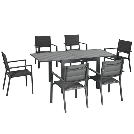 Tuinmeubelset – Tuinset – Balkonset – Terrasmeubels – Buitenmeubelen – Uitschuifbare Tafel 90-180 cm – 6 Stapelbare Stoelen – Aluminium & Textilene – Grijs