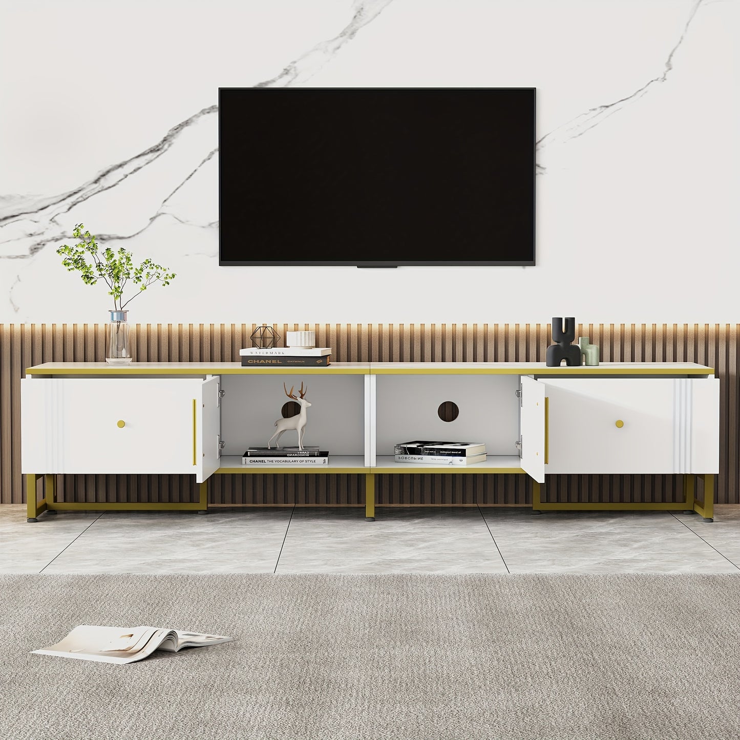 TV Meubel – TV Kast – TV Dressoir – TV Meubels – Media Meubel – Wit Met Gouden Rand – 180x40x40 cm – Verstelbare Poten & Kabeldoorvoer