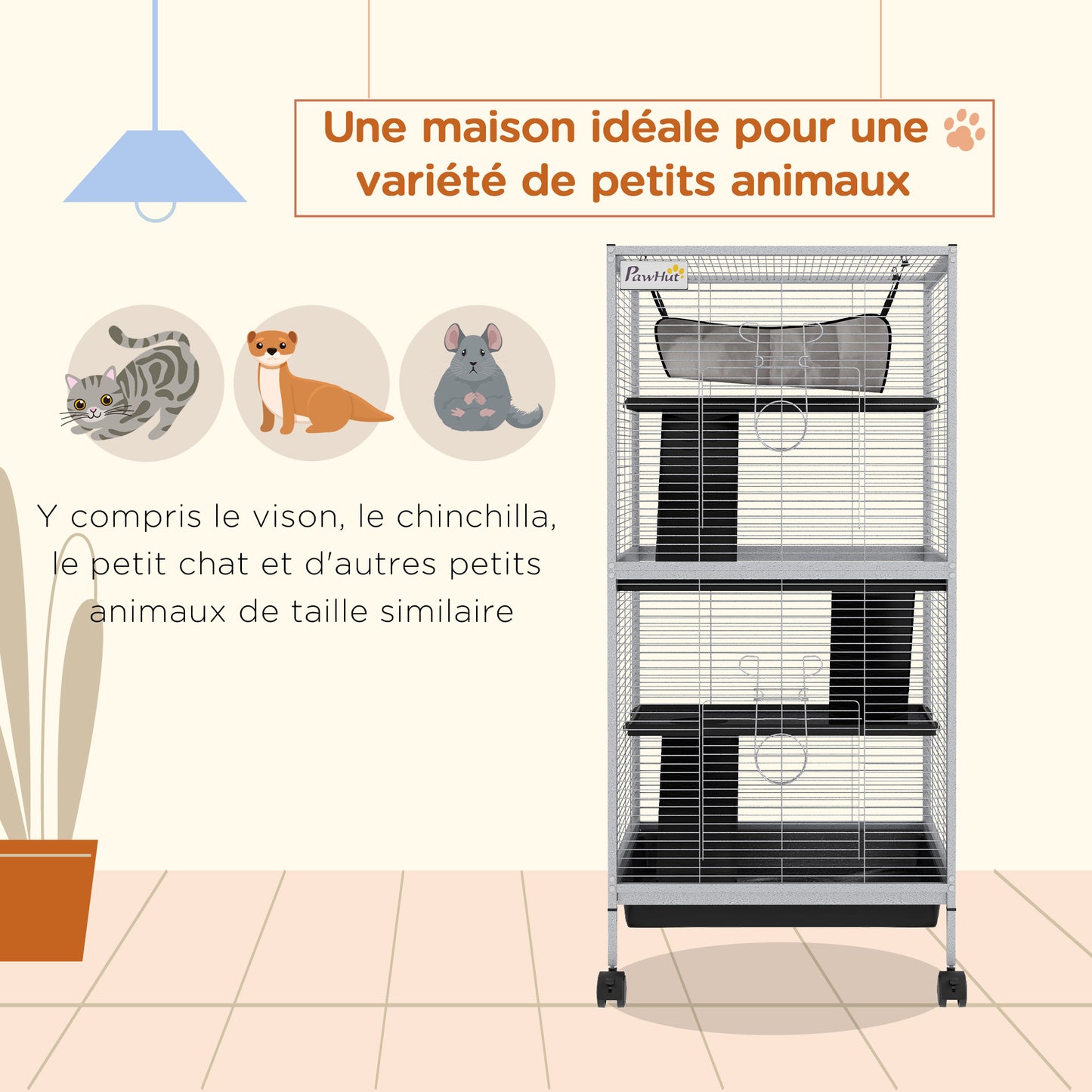 Dierenkooi – Knaagdierkooi – Chinchillakooi – Frettenkooi – Kleine Dieren Kooi – Met 4 Wielen En 2 Deuren – 3 Ramps En Hangmat – Wit – Metaal – 52x52x113,5 cm