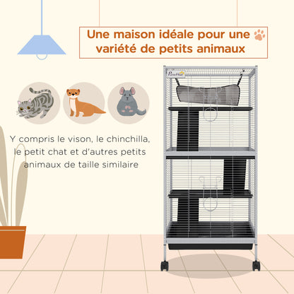 Dierenkooi – Knaagdierkooi – Chinchillakooi – Frettenkooi – Kleine Dieren Kooi – Met 4 Wielen En 2 Deuren – 3 Ramps En Hangmat – Wit – Metaal – 52x52x113,5 cm