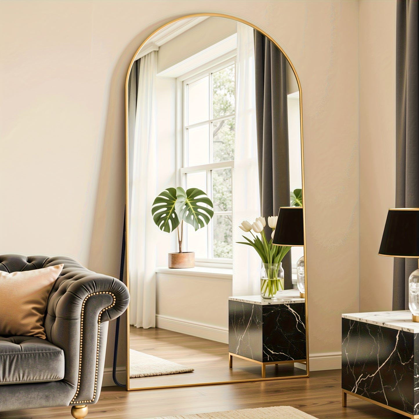 Vloerspiegel – Staande Spiegel – Vrijstaande Spiegel – Wandspiegel – Kleedkamerspiegel – Gouden Aluminium Frame – 192x85 cm – Kantelbaar en Leunend