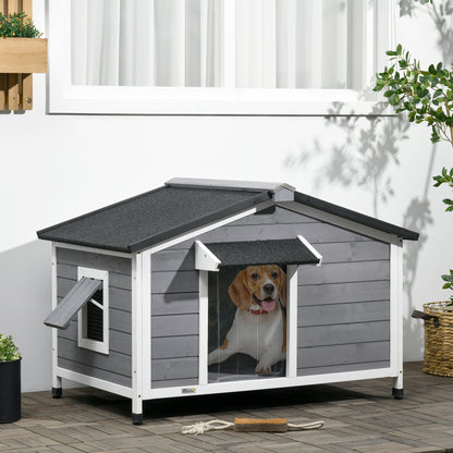 Hondenhok – Houten Hondenhuis – Hondenkot – Dierenhuis – Huisdierhuis – Weerbestendig Asfalt Dak – Verhoogd Op Pedestal – 109x79x72 cm – Grijs