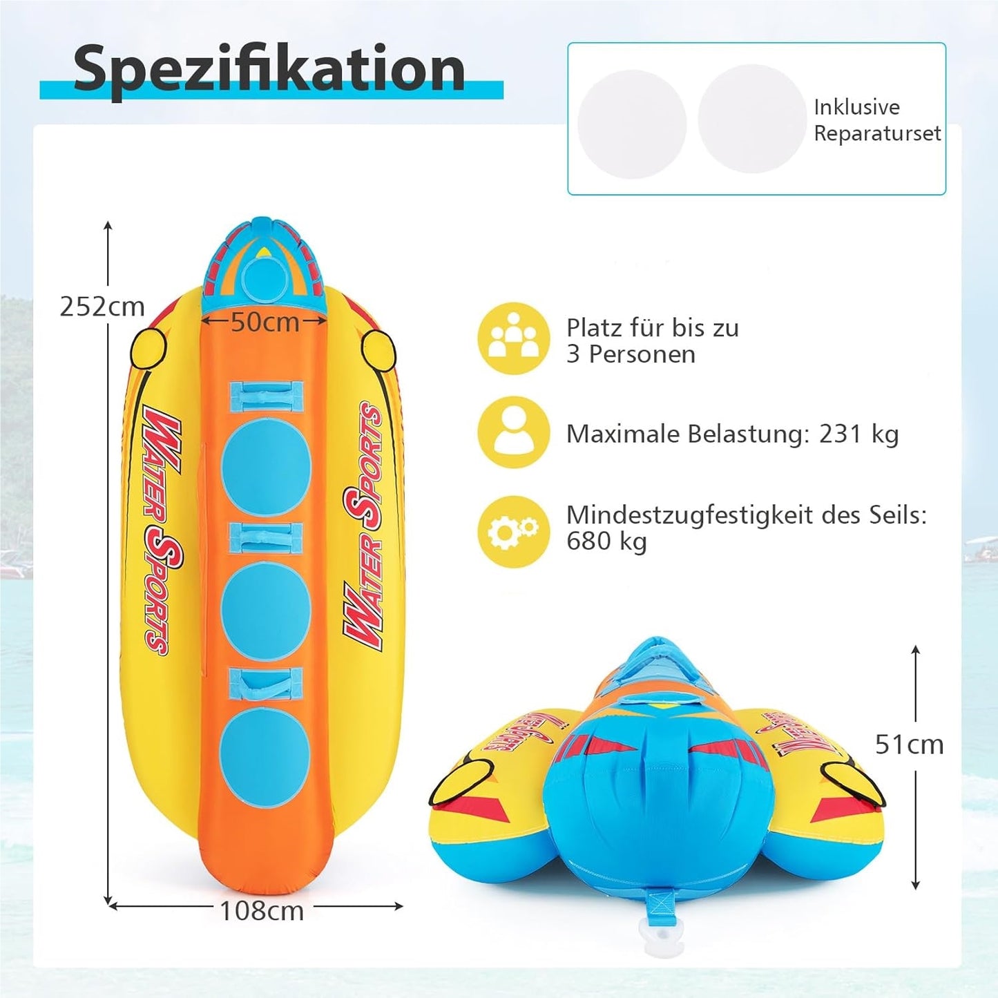 Banaanboot – Opblaasbare Boot – Waterspeelgoed – Sleepboot – Waterpret Tube – 3-Persoons – EVA-Comfortzitplaatsen – Puncturebestendig PVC