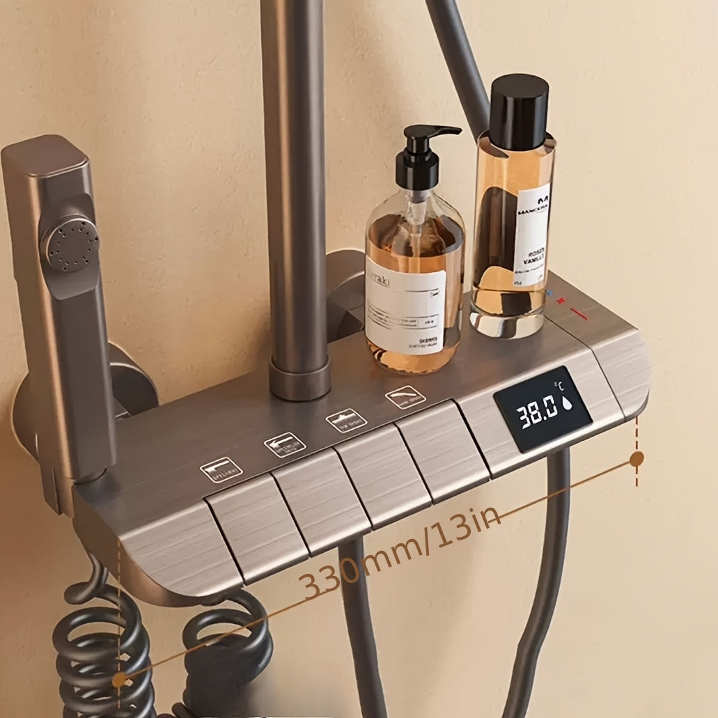 A Set of Brass Gun Gray Household Shower Head Kit. Intelligent Boosting System. Piano Button. LED Intelligent Thermostat. Four-Function Handheld Shower. Bathroom Shower Kit.
