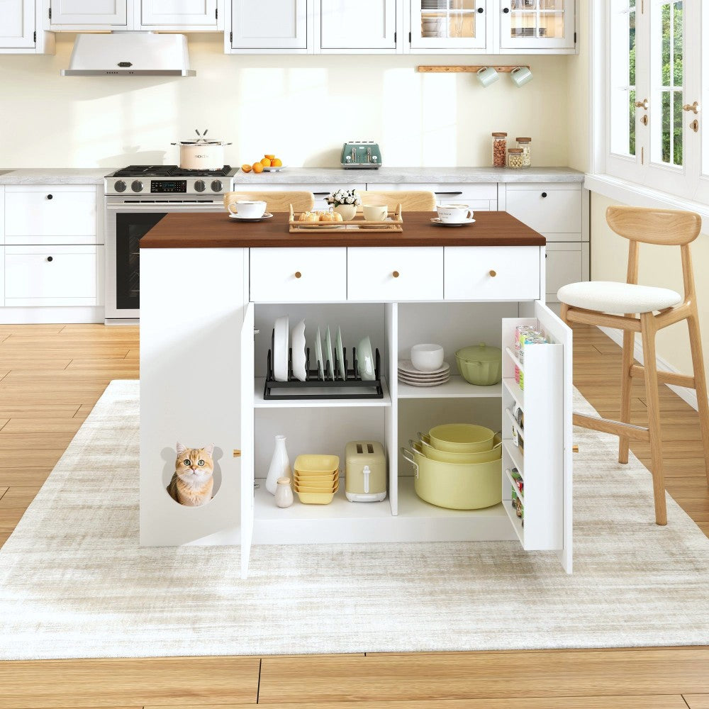Keukeneiland – Keukentrolley – Keukenwagen – Kitchen Sideboard – Opbergmeubel – Uitschuifbaar Werkblad 120x70 cm – Ingebouwd Kruidenrek – Huisdier Voerplek Wit/Walnoot