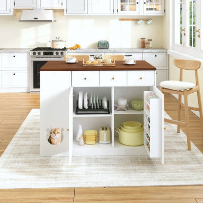 Keukeneiland – Keukentrolley – Keukenwagen – Kitchen Sideboard – Opbergmeubel – Uitschuifbaar Werkblad 120x70 cm – Ingebouwd Kruidenrek – Huisdier Voerplek Wit/Walnoot