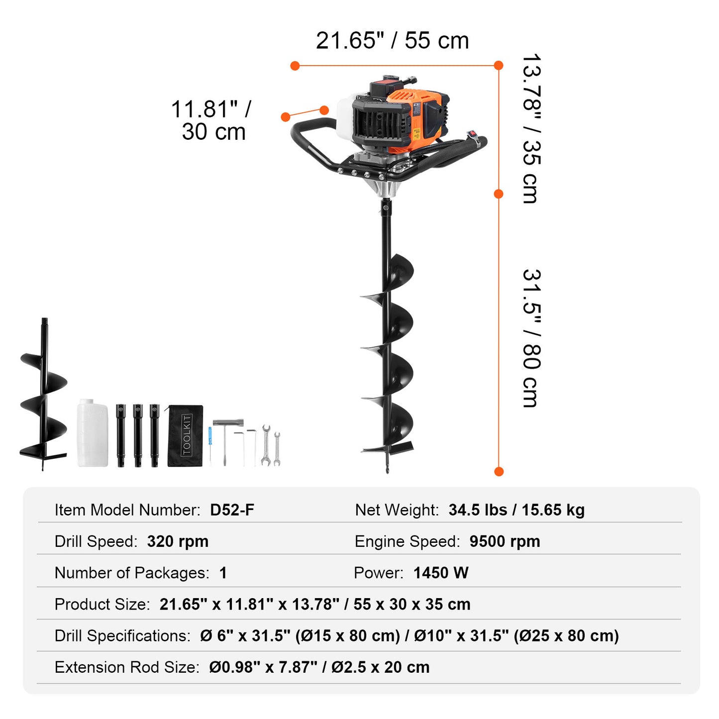 Grondboor – Palenboor – Bollenboor – Tuinboor – Boormachine Boor – 52cc Benzinemotor – 6” & 10” Stalen Boorbits Met Verlengstangen