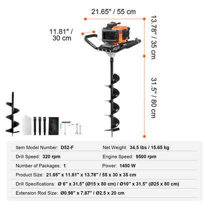 Grondboor – Palenboor – Bollenboor – Tuinboor – Boormachine Boor – 52cc Benzinemotor – 6” & 10” Stalen Boorbits Met Verlengstangen