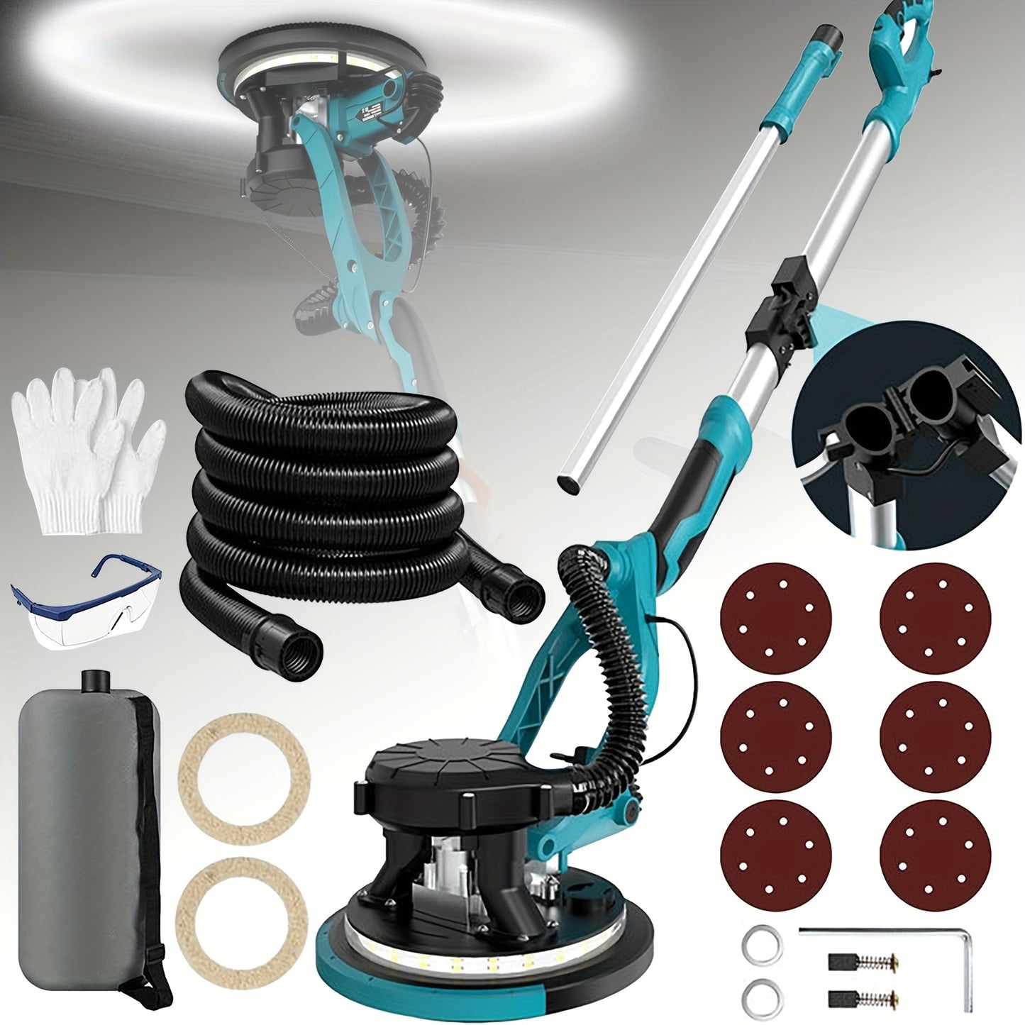 Gedeeltenschuurmachine – Drywall Sander – Wand- en Vloerschuurmachine – Multischuurmachine – Handpalmschuurmachine – Elektrisch – Incl. Stofafzuiging & LED-Verlichting – Verstelbare Opvouwbare Handgreep
