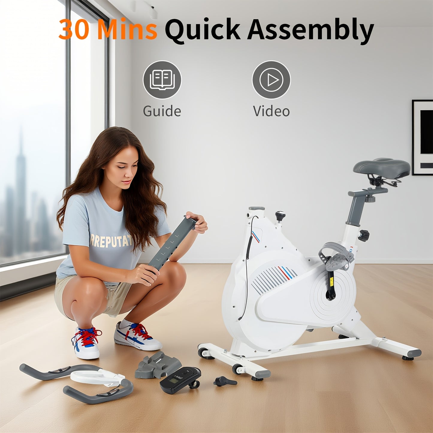 White Indoor Cycling Bike with 5kg Flywheel, Bluetooth App Connectivity (Kinomap), Heart Rate Monitoring, And 150kg Capacity - LCD Display for Speed, Calories, Time, Distance