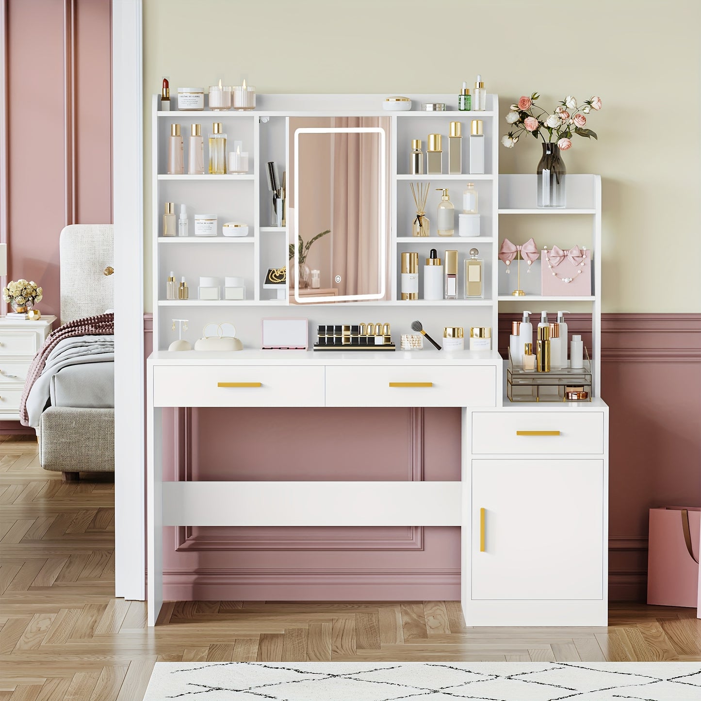 Kaptafel – Make-up Tafel – Cosmeticatafel – Vanity Tafel – Opmaaktafel – Met Spiegel en LED-Verlichting – Ruim Opbergmeubel 130x40x149 cm – MDF en Spaanplaat