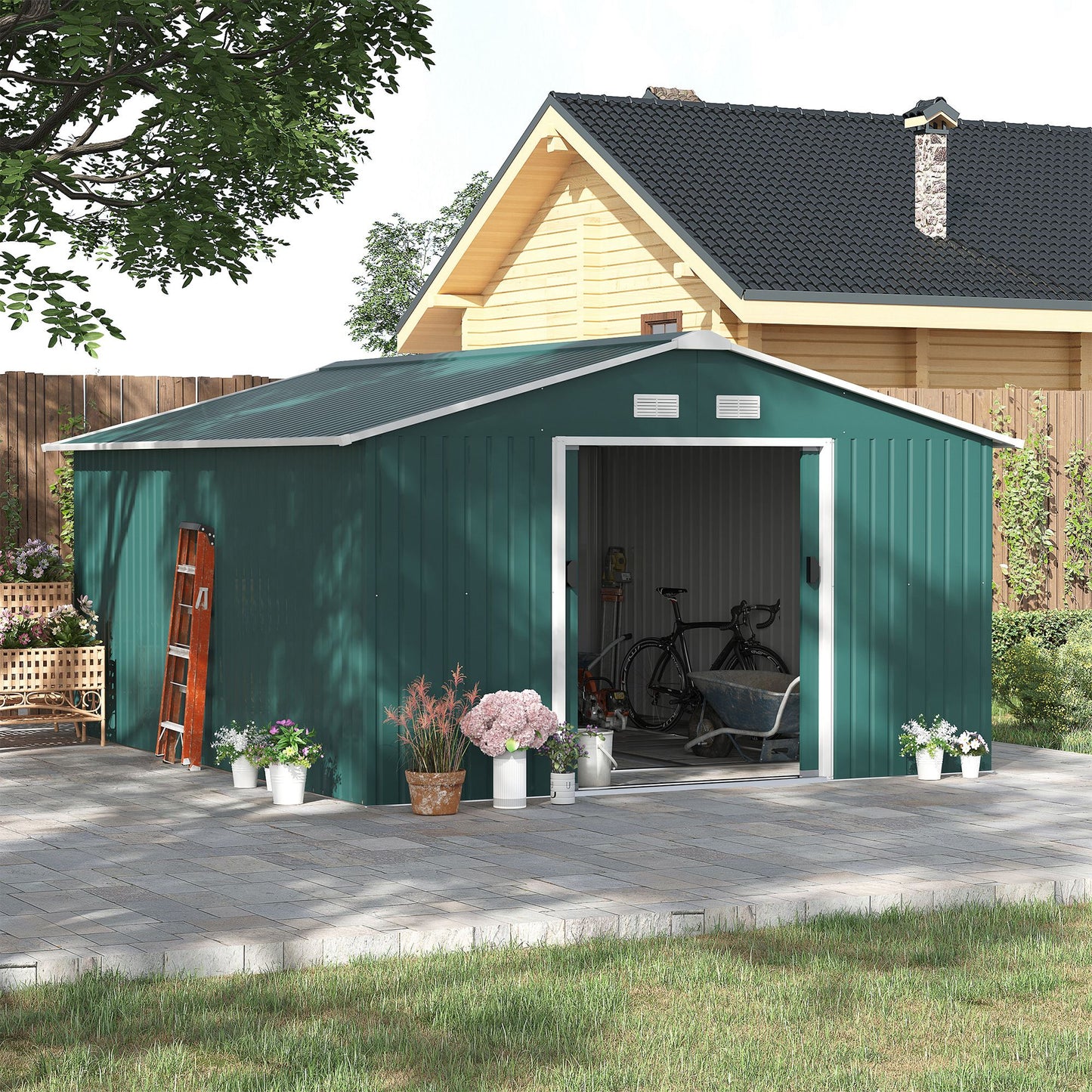 Tuinhuisje – Tuinschuur – Tuinberging – Tuinkast – Gereedschapsschuur – Gegalvaniseerd Staal – 12,4 m² – Schuifdeuren – Weerbestendig – Met Fundering – Pent Dak – Donkergroen
