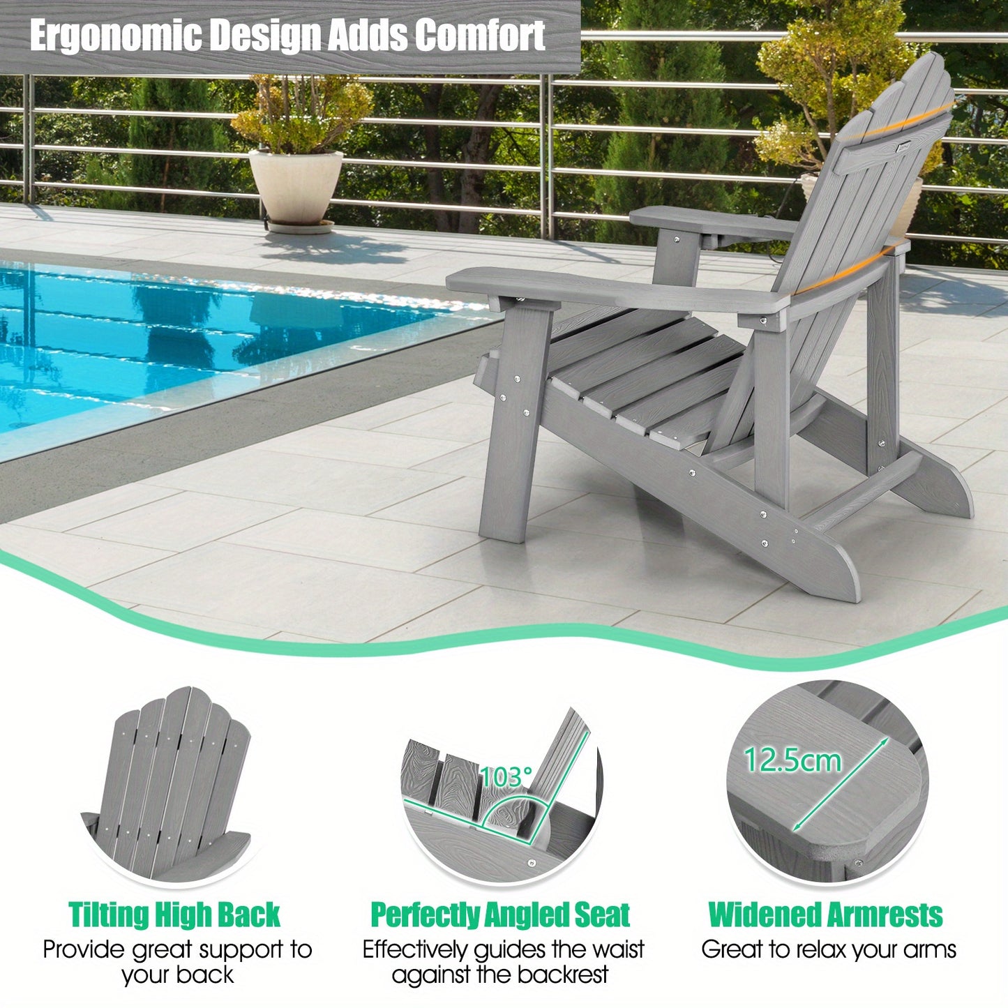 Adirondackstoel – Tuinstoel – Buitenstoel – Klapstoel – Terrasstoel – Weerbestendig HIPS Materiaal – Stevige 304 RVS Constructie – Brede Zitting Met Bekerhouder – Ergonomische Rugleuning 105° – Grijs Houtnerf Design