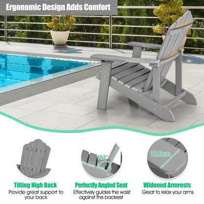 Adirondackstoel – Tuinstoel – Buitenstoel – Klapstoel – Terrasstoel – Weerbestendig HIPS Materiaal – Stevige 304 RVS Constructie – Brede Zitting Met Bekerhouder – Ergonomische Rugleuning 105° – Grijs Houtnerf Design