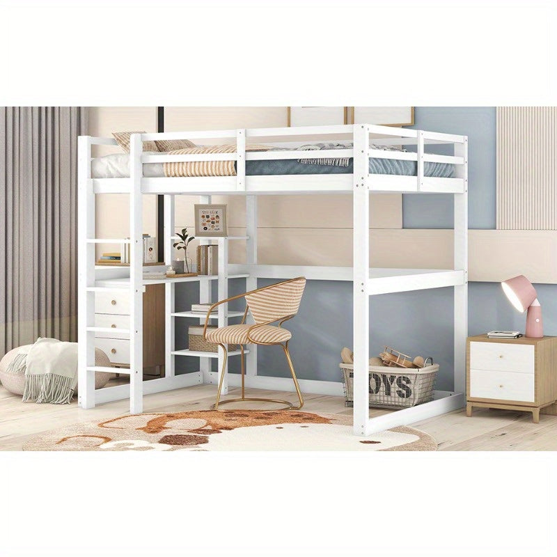 Halfhoogslaper – Hoogslaper – Stapelbed – Bedframe Met Bureau – Bed Met Opbergruimte – Gemaakt Van Grenenhout – Inclusief 4 Planken – Afmetingen 140x200 cm