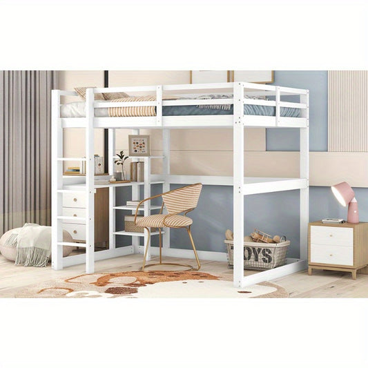 Halfhoogslaper – Hoogslaper – Stapelbed – Bedframe Met Bureau – Bed Met Opbergruimte – Gemaakt Van Grenenhout – Inclusief 4 Planken – Afmetingen 140x200 cm