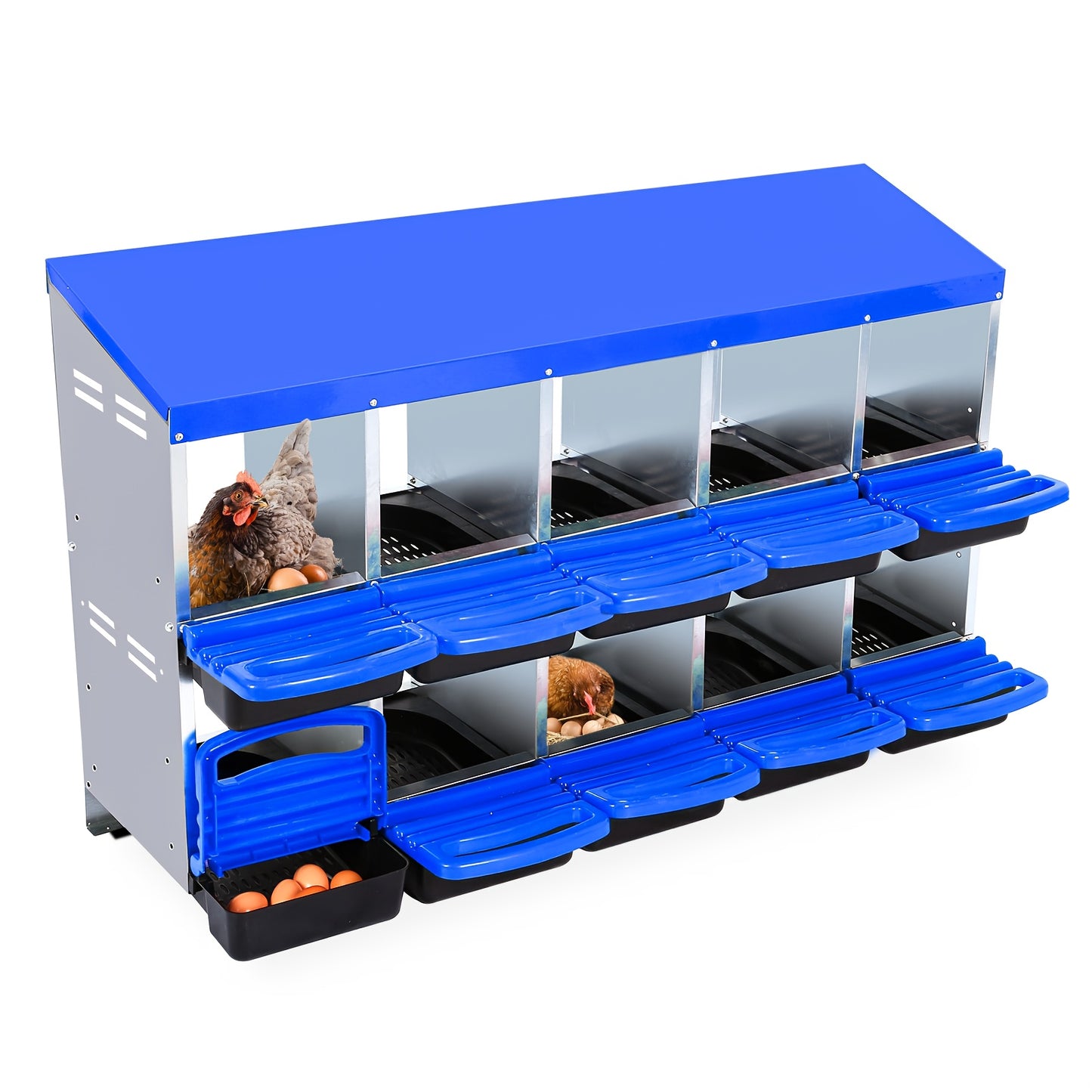 6/8/10-Hole Heavy-Duty Metal Chicken Nesting Boxes with Roll-On Egg Collection System, Ventilation Holes & Keylock Installation - All-Weather Durable Laying Boxes with Removable Trays & Egg Storage for Hens, Ducks, Geese - Ea