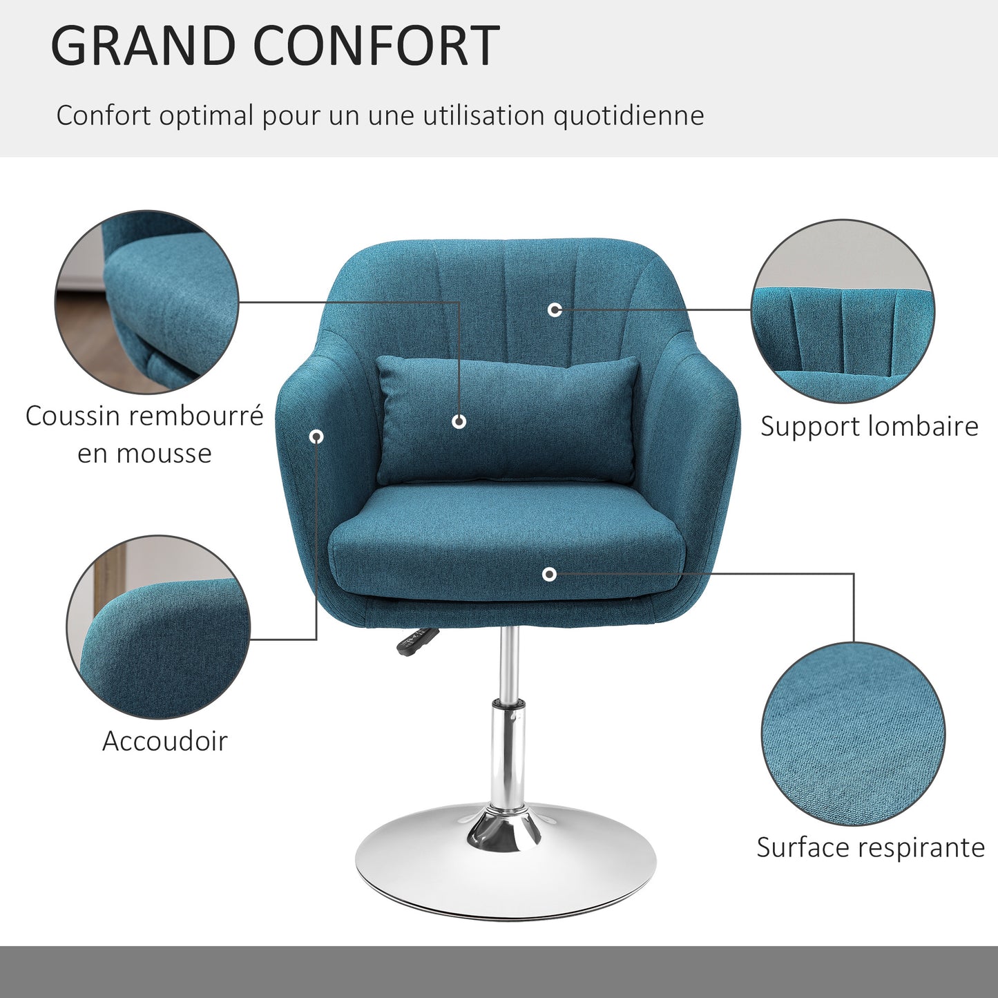 Lounge Chair – Fauteuil – Relaxstoel – Loungestoel – Zetel – Verstelbare Hoogte – 360° Draaibaar – Hoogwaardig Schuim – Chromen Metalen Onderstel – Blauwgroen