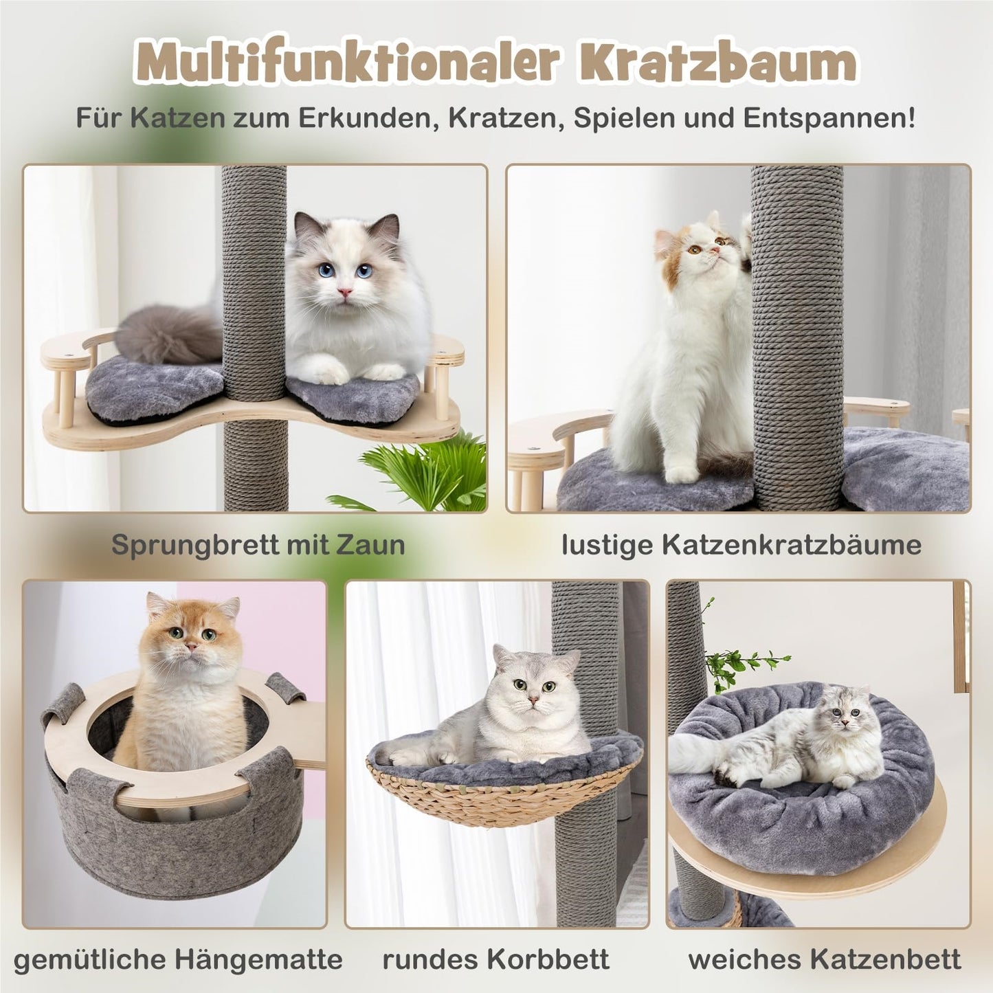 Krabpaal – Krabmeubel – Kattenpaal – Krabton – Klimpaal – Verstelbaar 236-271 cm – Vloer tot Plafond Design – 5 Niveaus Met Hangmat & Mandje – Natuurlijk Multiplex – Ruimtebesparend Grijs Natura