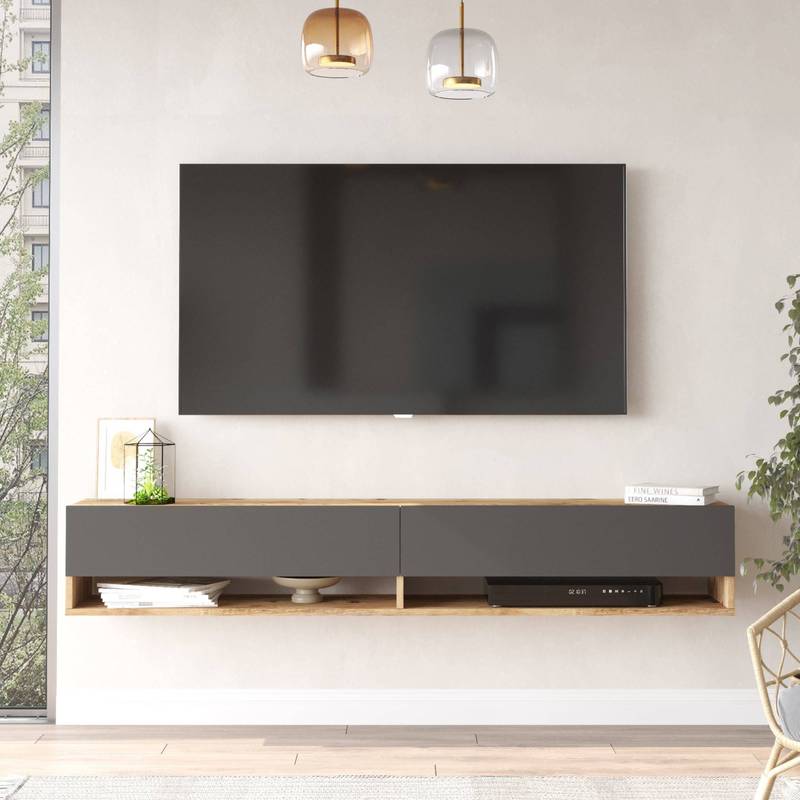 tv-meubel – tv-kast – lowboard – zwevend meubel – hangend tv-meubel – rustiek eiken – met 2 open vakken – MDF melamine coating