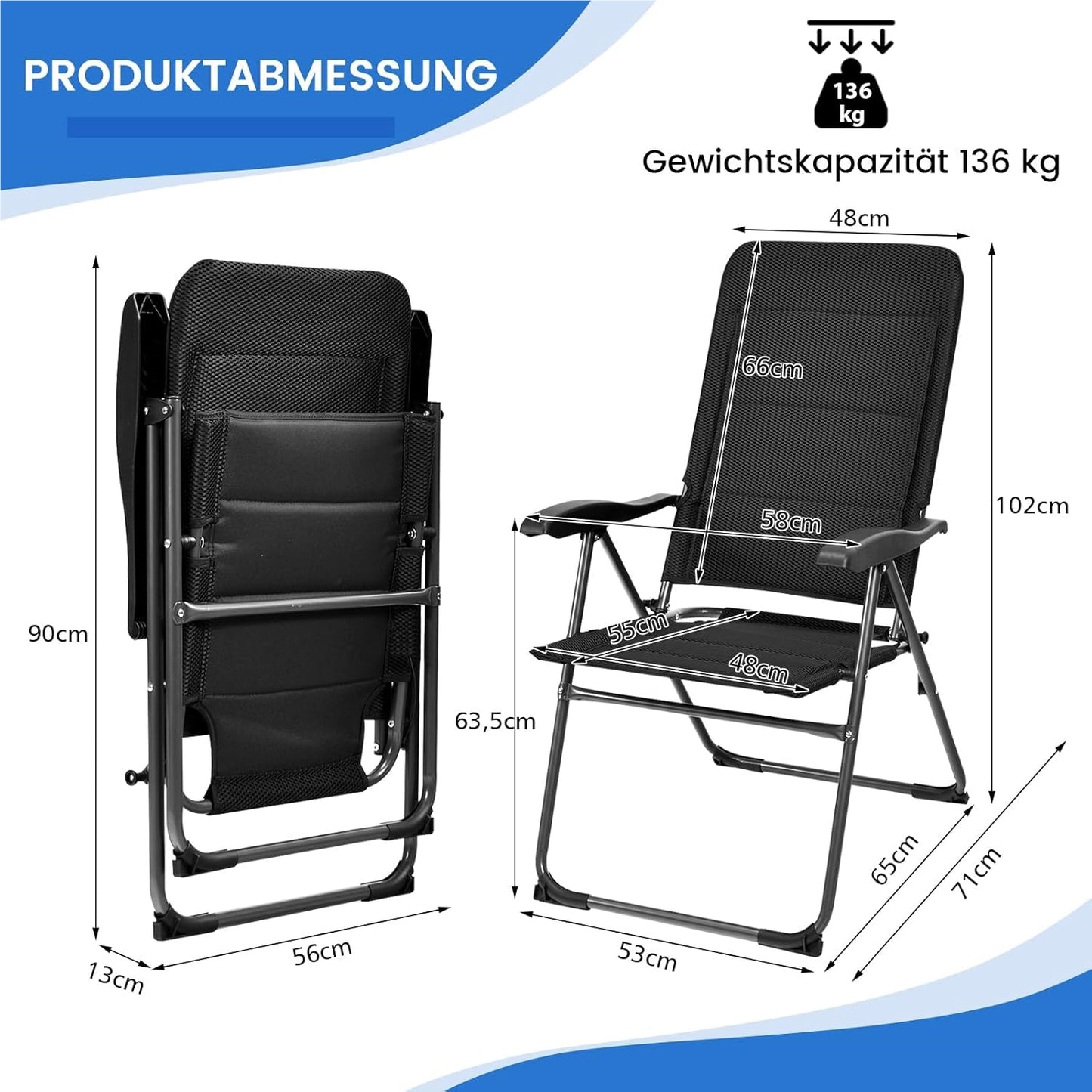 Tuinstoelen – Vouwstoelen – Balkonstoelen – Ligstoelen – Campingstoelen – 7-standen verstelbare rugleuning – Ademend metaal en Oxford-stof – Set van 2 – Zwart