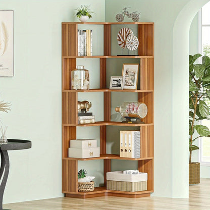 Boekenkast – Boekenrek – Opbergkast – Vakkenkast – Stellingkast – 6-laags Hoekontwerp – Stevig MDF Notenhout – Anti-val Panelen – 165 cm Hoog