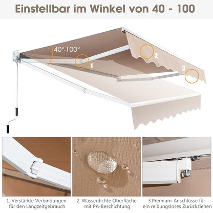 Uitvalzonwering – Knikarmzonwering – Terraszonwering – Balkonzonwering – Handbediende Zonnescherm – 300x250 cm – Aluminium Frame & Verstelbare 40-100° Hoek – Water- en UV-bestendig Khanaki Doek