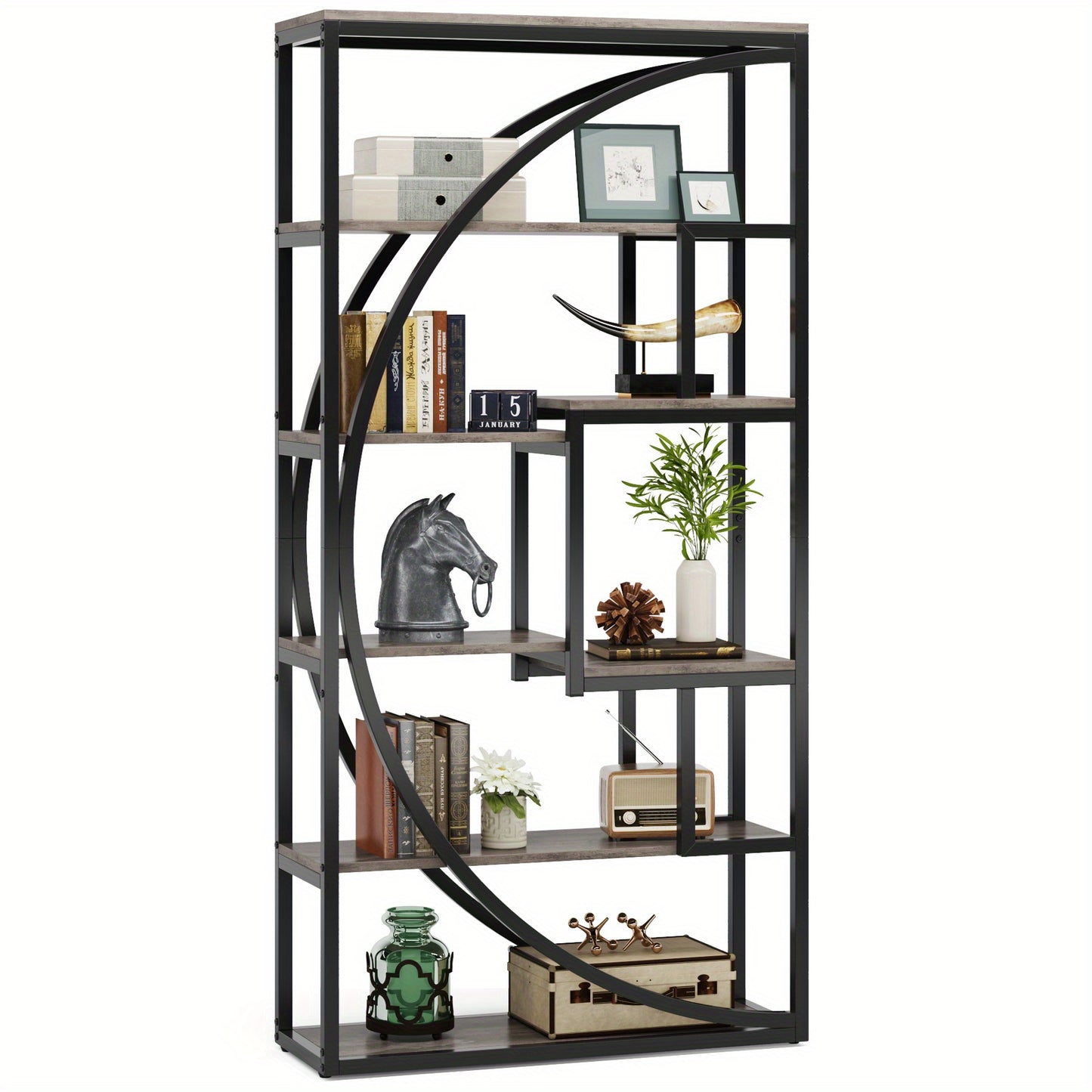 Boekenkast – Vakkenkast – Boekenrek – Opbergkast – Wandkast – 6 Lagen – Geometrisch Design – 179,83 cm Hoog – Retrogrijs Hout Met Zwart Metaal – Sterk En Duurzaam – Eenvoudig Te Monteren