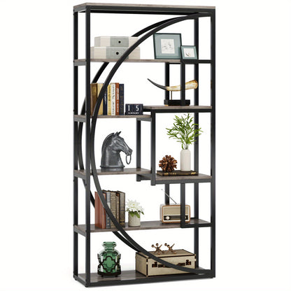 Boekenkast – Vakkenkast – Boekenrek – Opbergkast – Wandkast – 6 Lagen – Geometrisch Design – 179,83 cm Hoog – Retrogrijs Hout Met Zwart Metaal – Sterk En Duurzaam – Eenvoudig Te Monteren