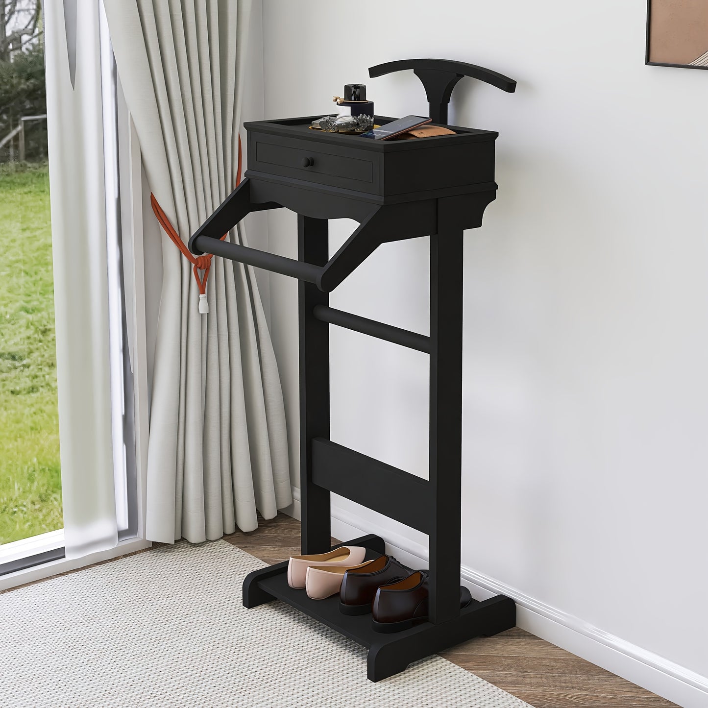 Houten Valet Stand – Kledingrek – Garderoberek – Kleerhanger – Jasstandaard – Zwart Hardhout – Compact Met Plank En Haken