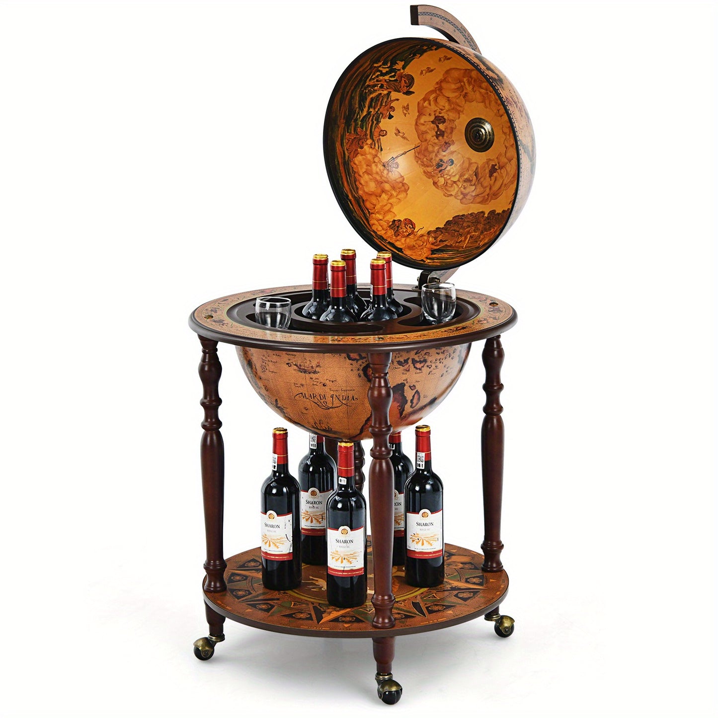 Globe Wijnbar – Wijnkast – Wijnrek – Wijnkar – Bijzettafel – Mobiel Met Wieltjes – Antiek Italiaans Design – Massief Hout & MDF
