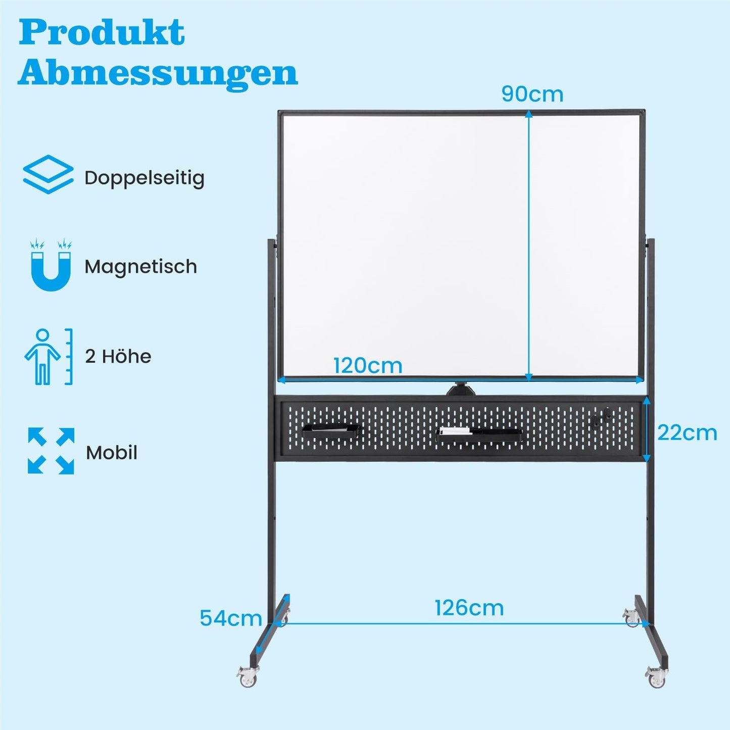 Mobiel Whiteboard – Droog Uitwisbaar Bord – Magnetisch Bord – Spiegelbord – Schoolbord – Dubbelzijdig – 120 x 90 cm – Hoogte Verstelbaar – Wieltjes Met Rem