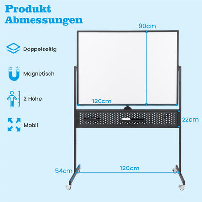 Mobiel Whiteboard – Droog Uitwisbaar Bord – Magnetisch Bord – Spiegelbord – Schoolbord – Dubbelzijdig – 120 x 90 cm – Hoogte Verstelbaar – Wieltjes Met Rem
