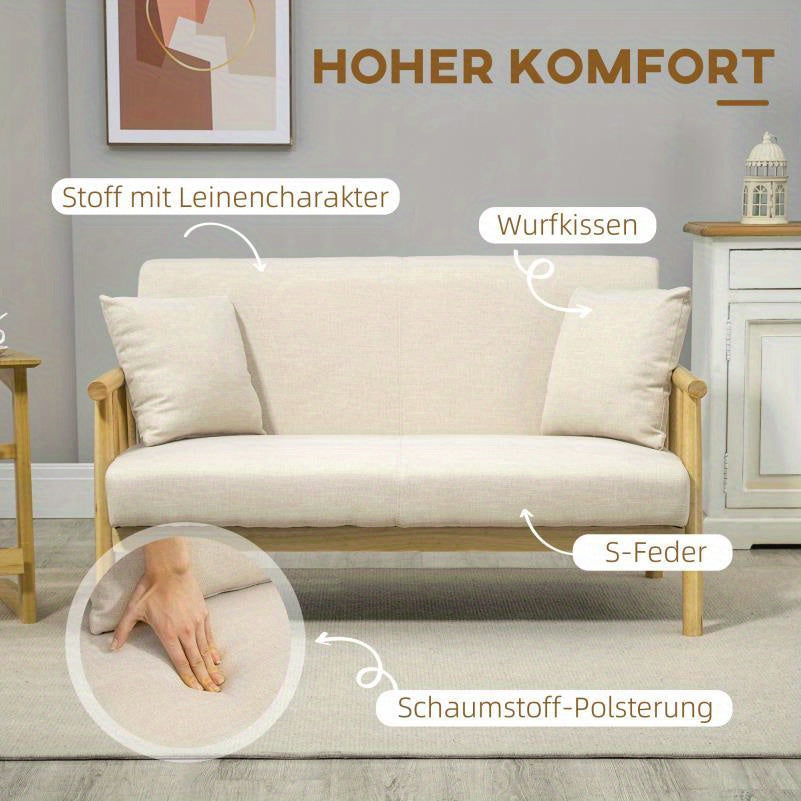 Bank – Sofa – Zitbank – Hoekbank – Linnen Bank – Beige Kleur – Inclusief 2 Lendenkussens – Comfortabele Zitting