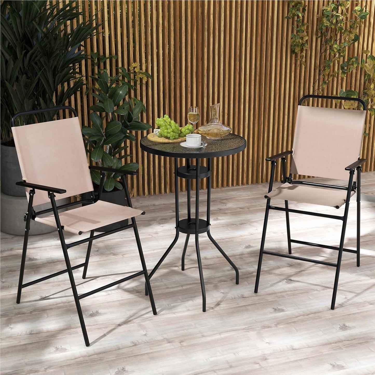 Bistro Tafelset – Balkonset – Tuinmeubelset – Zithoek – Buitentafel Met Stoelen – Gehard Glas – Inklapbare Stoelen – Weerbestendig Beige