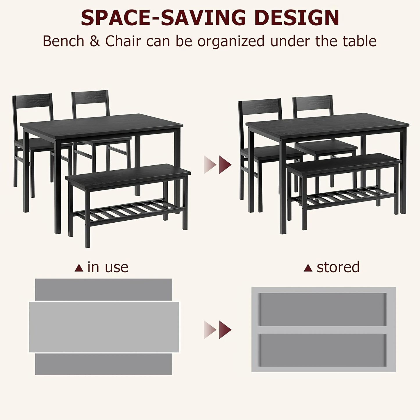 Dining Table Set for 4, Modern Kitchen Table with Chairs And Bench for Small Space, 4-Person Dining Room Table Set with Metal Frame And Storage Rack, Dinette Set for Apartment