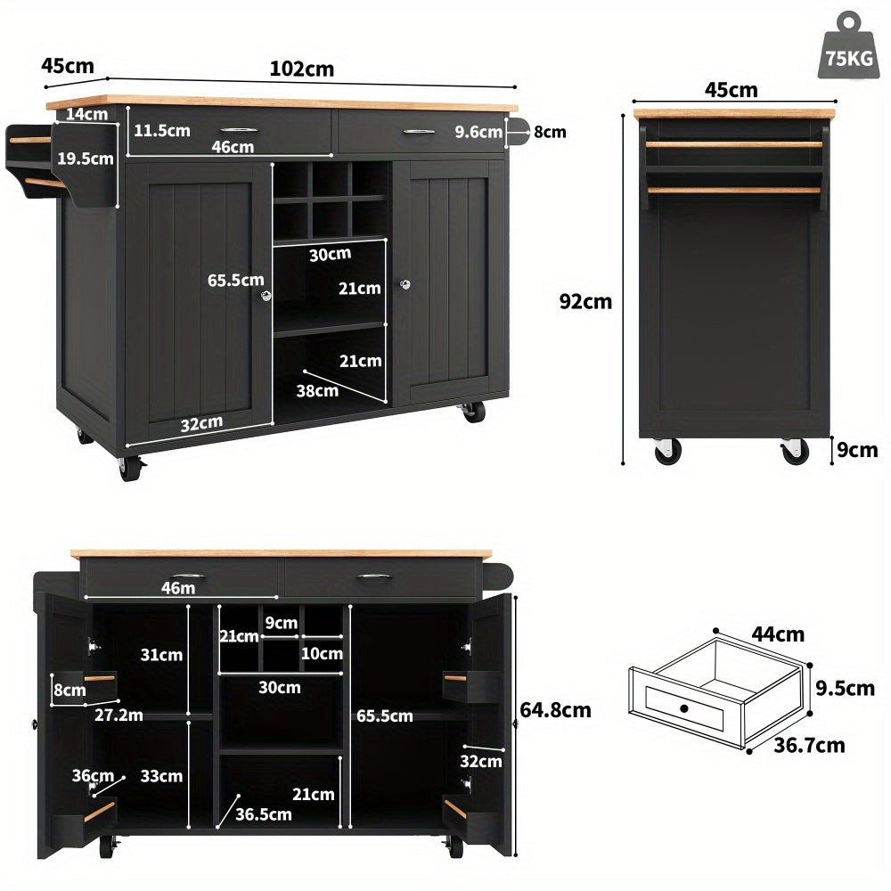 Keukeneiland – Keukentrolley – Keukenkast – Serveerwagen – Eettafelwagen – Mobiel Met Opbergruimte – Compact Design 102x45x92 cm – Duurzaam Niet-Houten Materiaal – Zwart