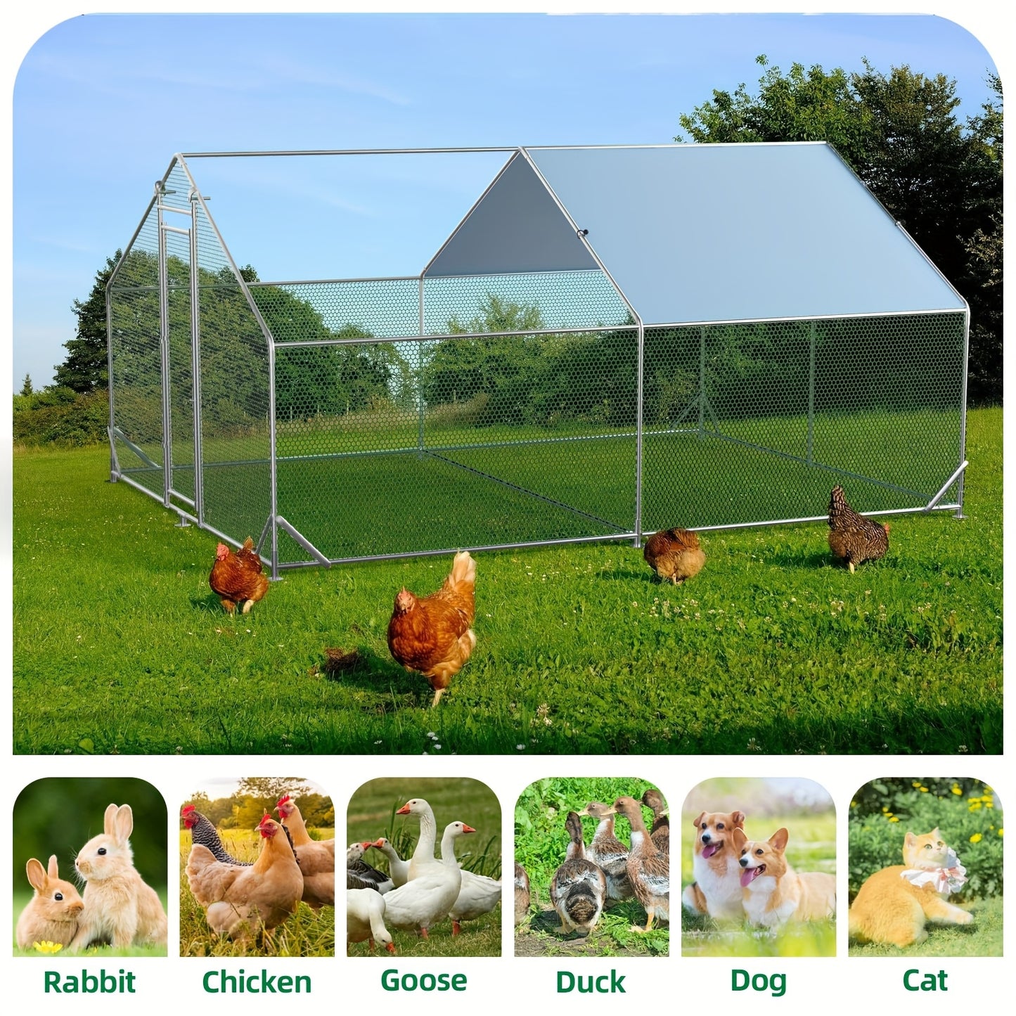 Kippenren – Buitenren – Hennenhok – Kippenhok – Vogelren – Staalframe – Weerbestendig & Snøwproof – Ruim 3x4x2 Meter – Driehoekige Constructie