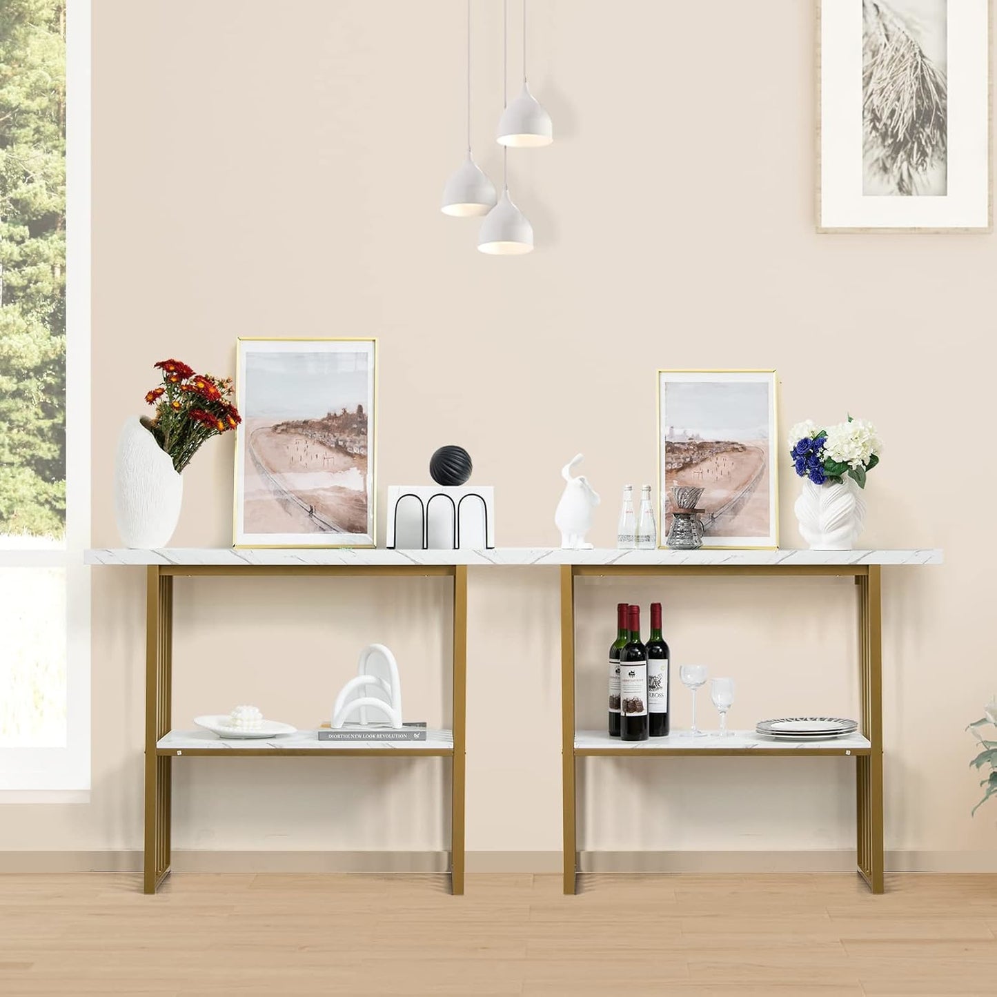 Smalle Sidetable – Smalle Console Tafel – Haltafel – Gangtafel – Woonkamer Sidetable – Wit Faux Marmer Blad – Gouden Stalen Frame – 120x29,5 cm – 2-laags Opbergruimte