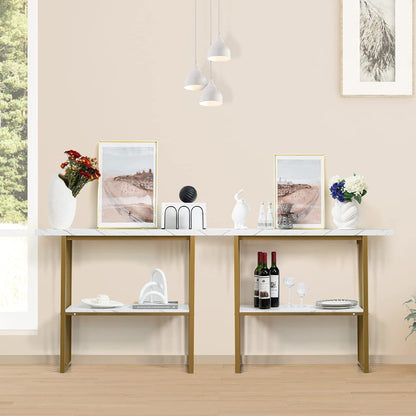 Smalle Sidetable – Smalle Console Tafel – Haltafel – Gangtafel – Woonkamer Sidetable – Wit Faux Marmer Blad – Gouden Stalen Frame – 120x29,5 cm – 2-laags Opbergruimte