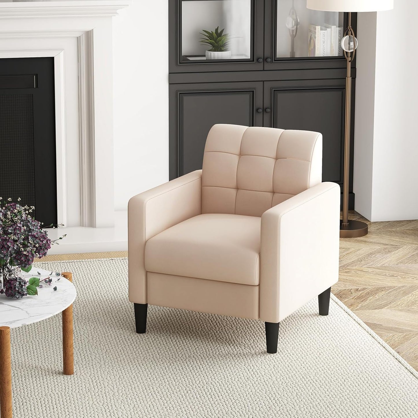 Velvet Fauteuil – Relaxstoel – Lounge Stoel – Armstoel – Leunstoel – Mid-Century Design – Zachte Velvet Bekleding – Stevige Houten Poten – Beige