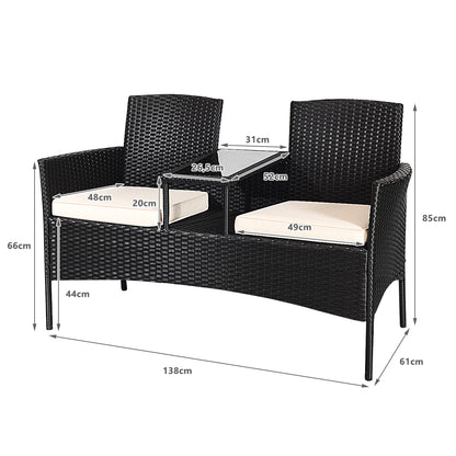 Tuinbank – 2-Persoons Bank – Balkonbank – Buitenbank – Rattan Bank – Inclusief Kussens – Weerbestendig PE-Rattan – Met Ingebouwde Tafel – Wit – 138x61x85 cm