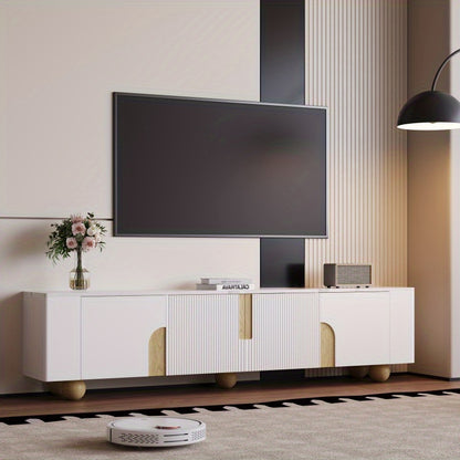 Tv-Meubel – Tv-Kast – Tv-Stand – Media-Meubel – Dressoir – Wit Met Houten Accenten – 180 cm Breed – Marmerlook Blad Met Houten Bolpootjes